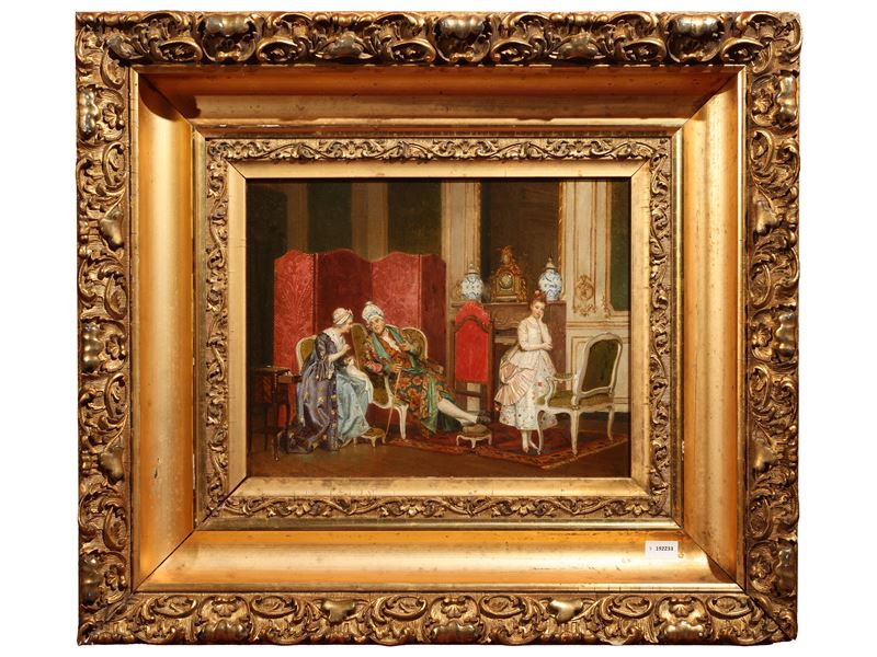 Interno di palazzo con personaggi in abiti settecenteschi, olio su tavoletta firmato
