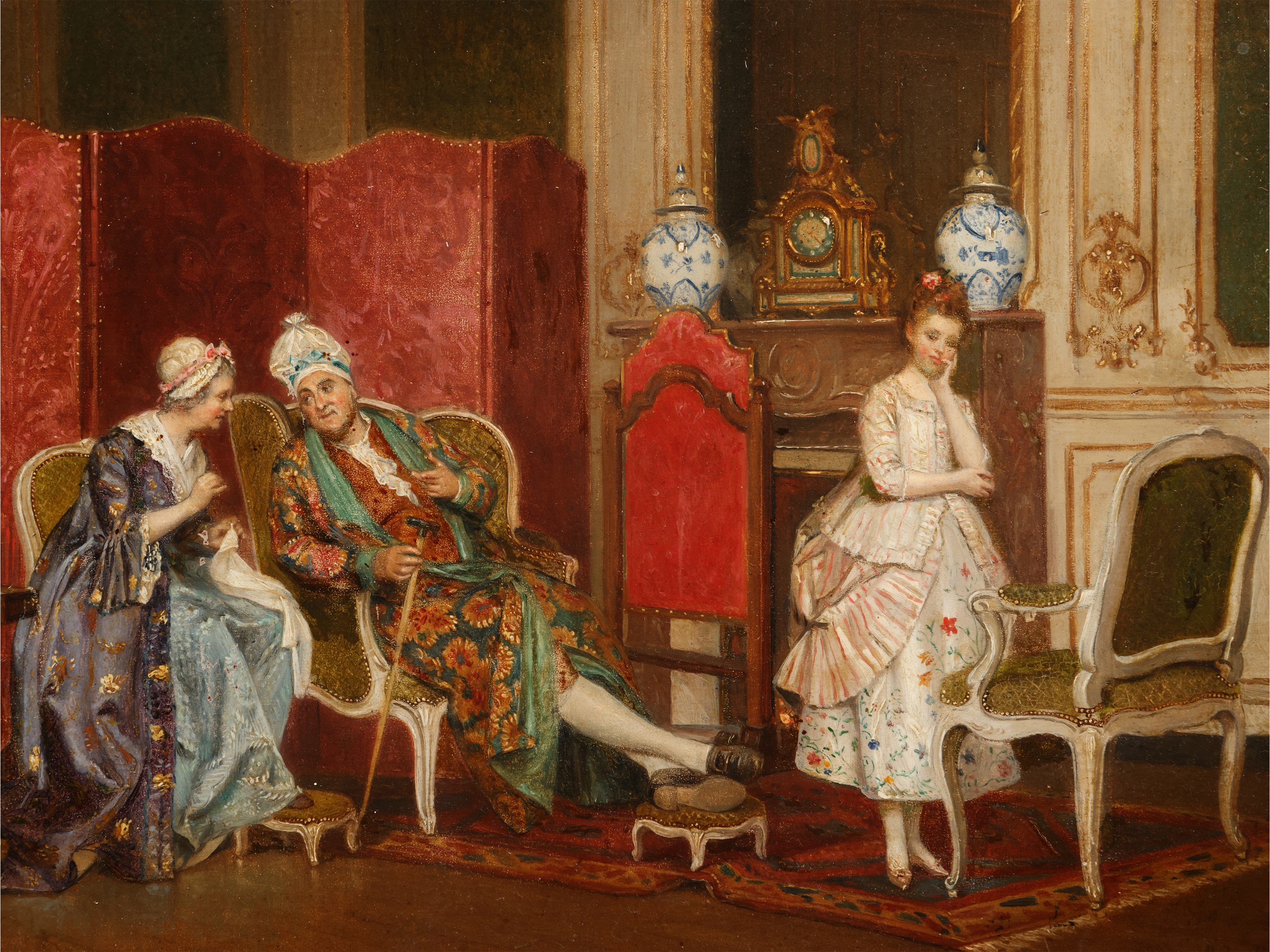 Interno di palazzo con personaggi in abiti settecenteschi, olio su tavoletta firmato