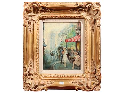 XIX/XX secolo, Scena galante e scorcio di Parigi con personaggi, due dipinti a olio su tela