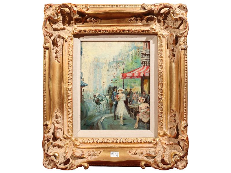 XIX/XX secolo, Scena galante e scorcio di Parigi con personaggi, due dipinti a olio su tela