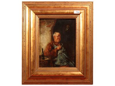 La degustazione, olio su tavoletta firmato, fine  XIX secolo, in cornice