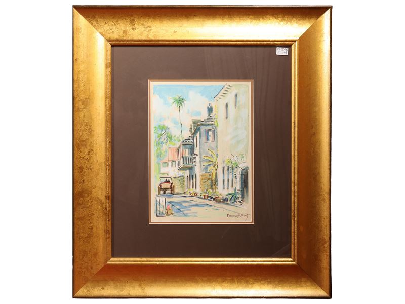 Emmet Fritz, Marina con barche e scorci urbani; acquerelli e tempera su carta (XX secolo)
