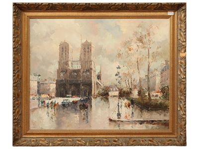 Wrobel, Due dipinti: Veduta di Cannes e Notre Dame, olio su tela
