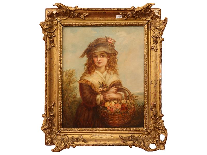 Natura morta e paesaggio lacustre, Fanciulla con cesto di fiori (olio su tela e tecnica mista su ...