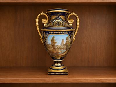 Vaso a foggia di anfora, porcellana policroma inglese con veduta di città su fondo blu lumeggiato...