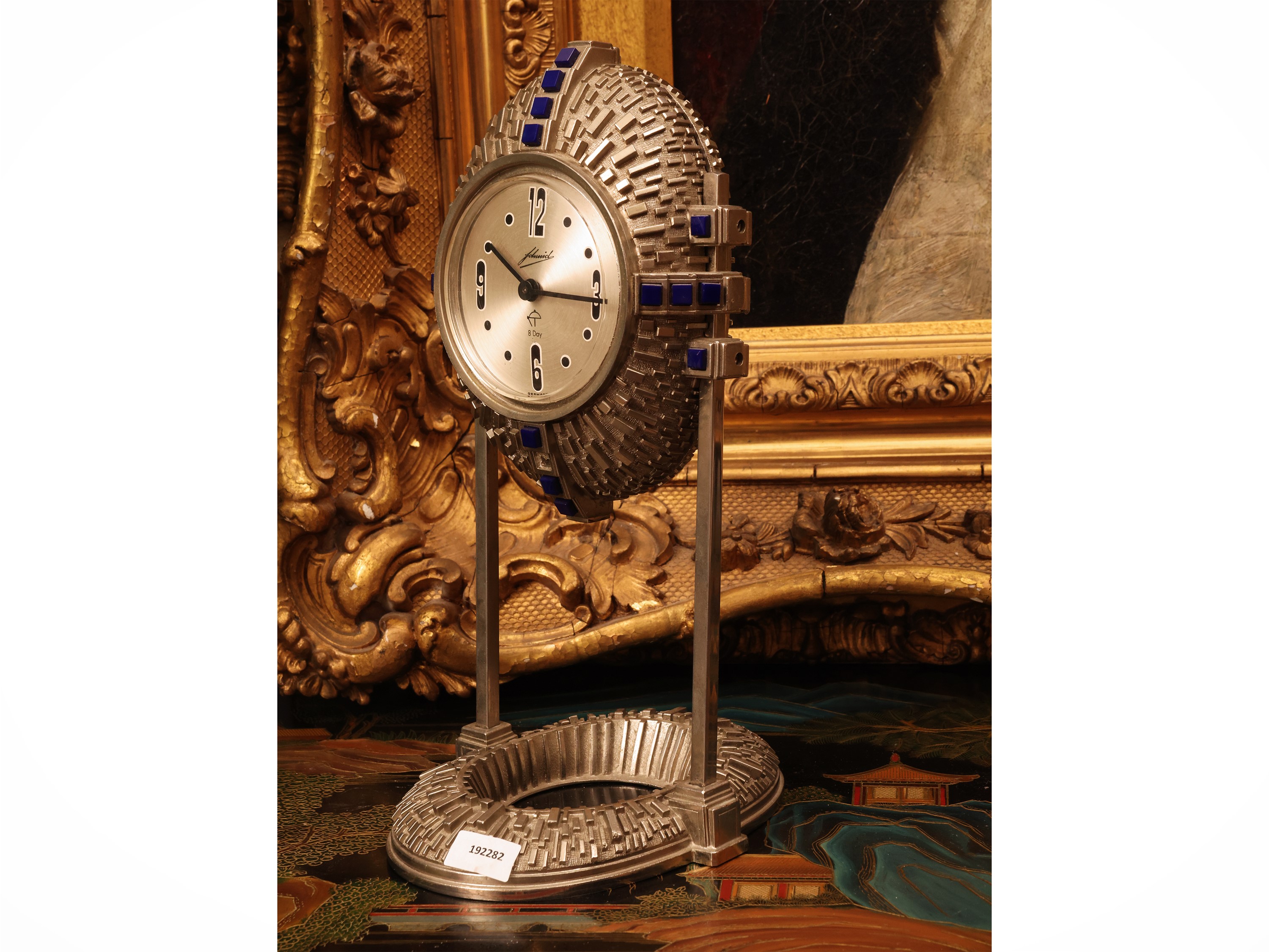 Schmid, Orologio da tavolo in metallo argentato in stile modernista, paste vitree blu cobalto