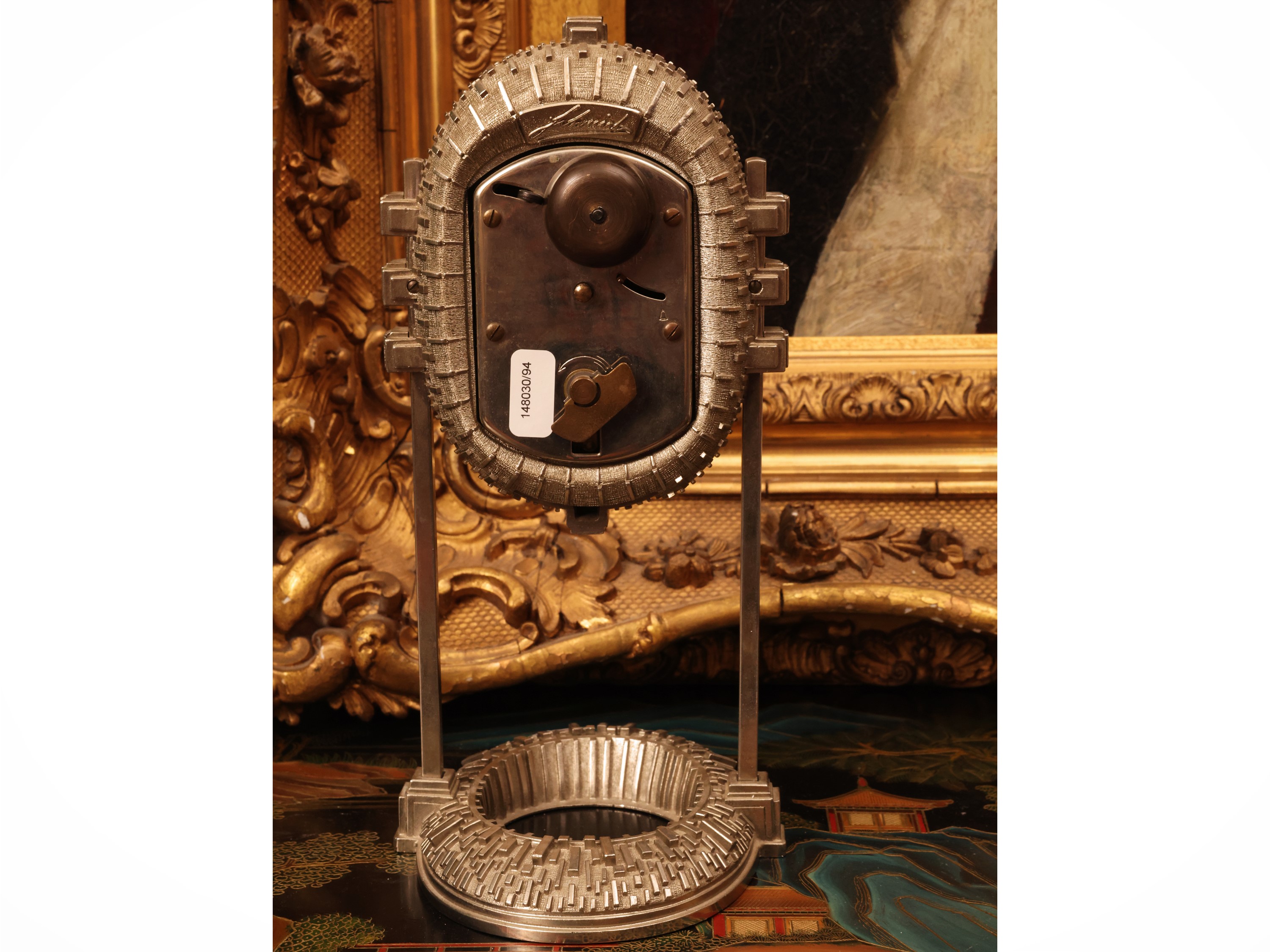Schmid, Orologio da tavolo in metallo argentato in stile modernista, paste vitree blu cobalto