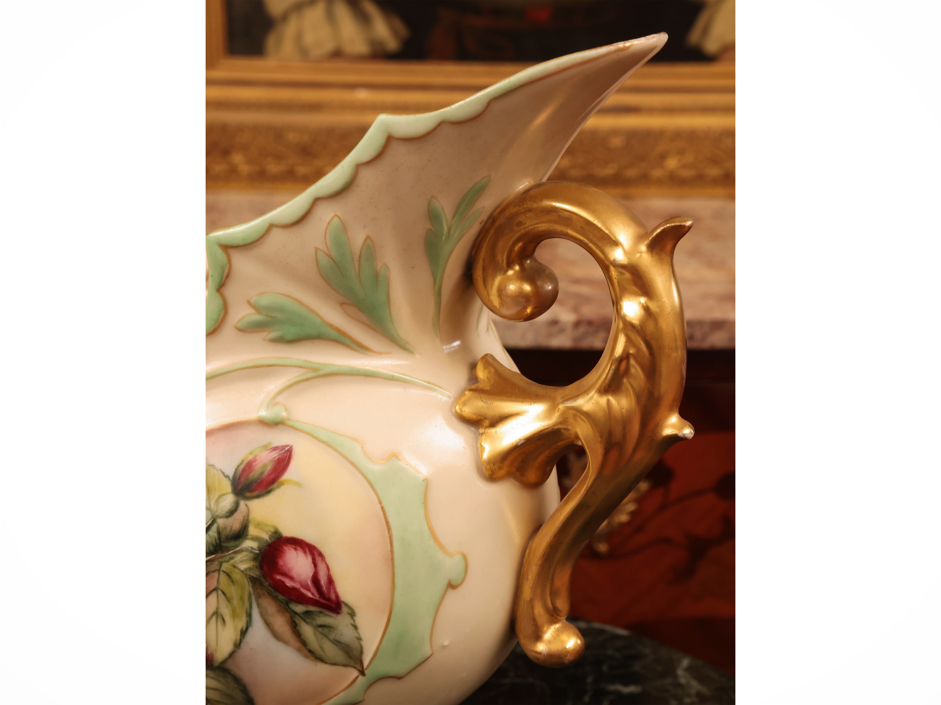 Grande vaso fioriera in porcellana policroma, coppa biansata con anse dorate (inizio XX secolo)