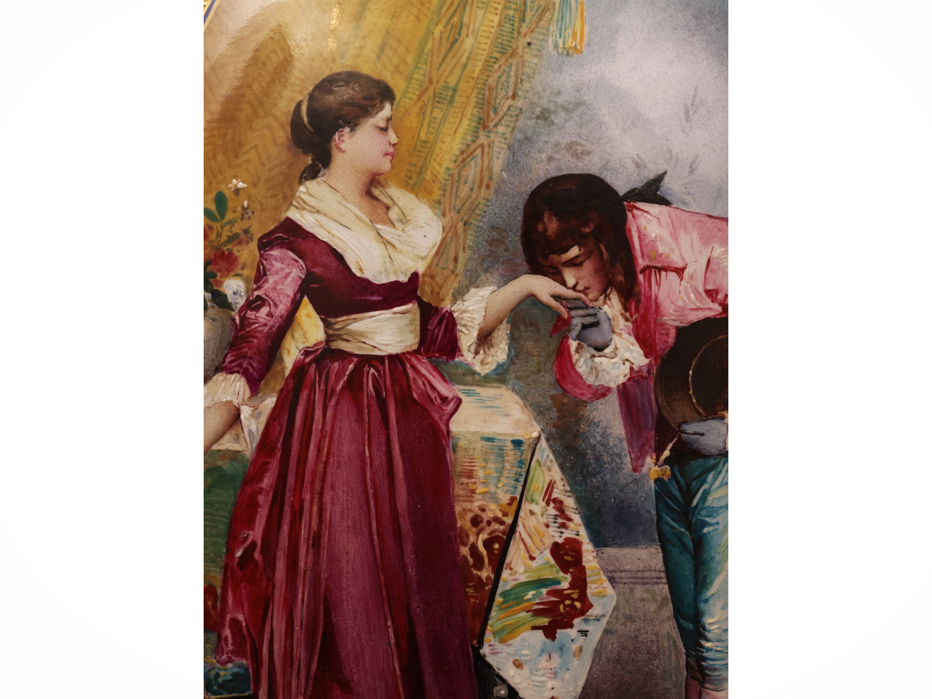 F. Bollinger, Grande vaso in porcellana policroma con scena galante e paesaggio fluviale (seconda...