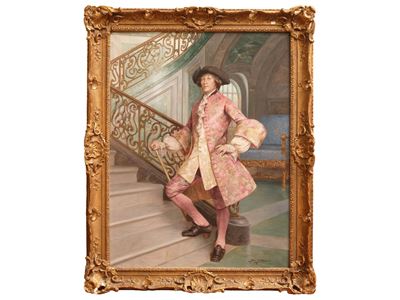 Ritratto virile in un interno di palazzo settecentesco, olio su tela (XIX-XX secolo)