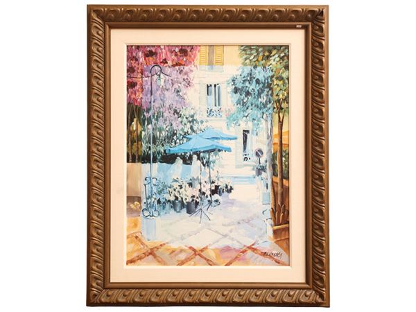 Scorcio di strada con fioraia