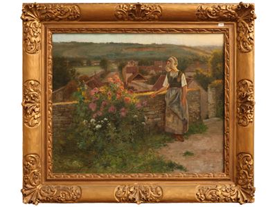 Paesaggio fiammingo con fanciulla, olio su tela