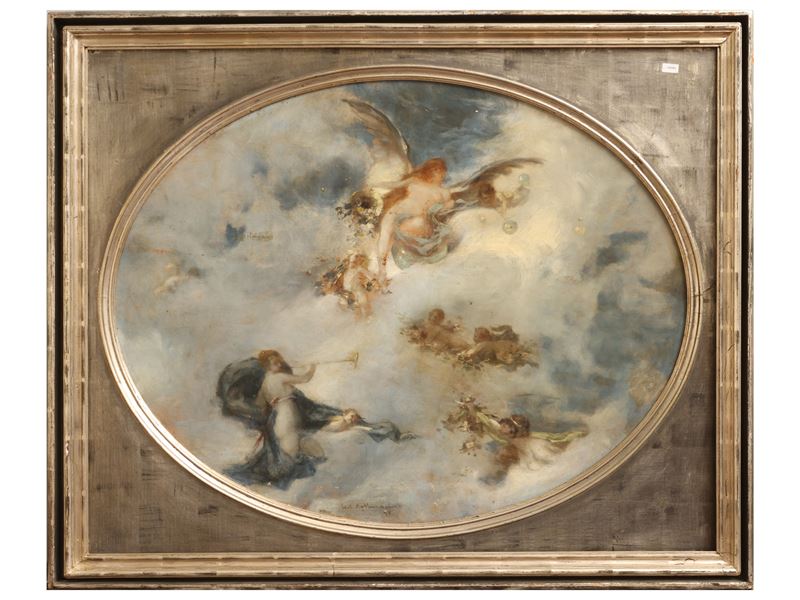 Scena allegorica con putti, bozzetto a olio su cartone in ovale (fine XIX secolo)