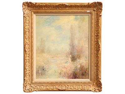 Barbara Austin, Paesaggio primaverile con fanciulla, olio su tela firmato