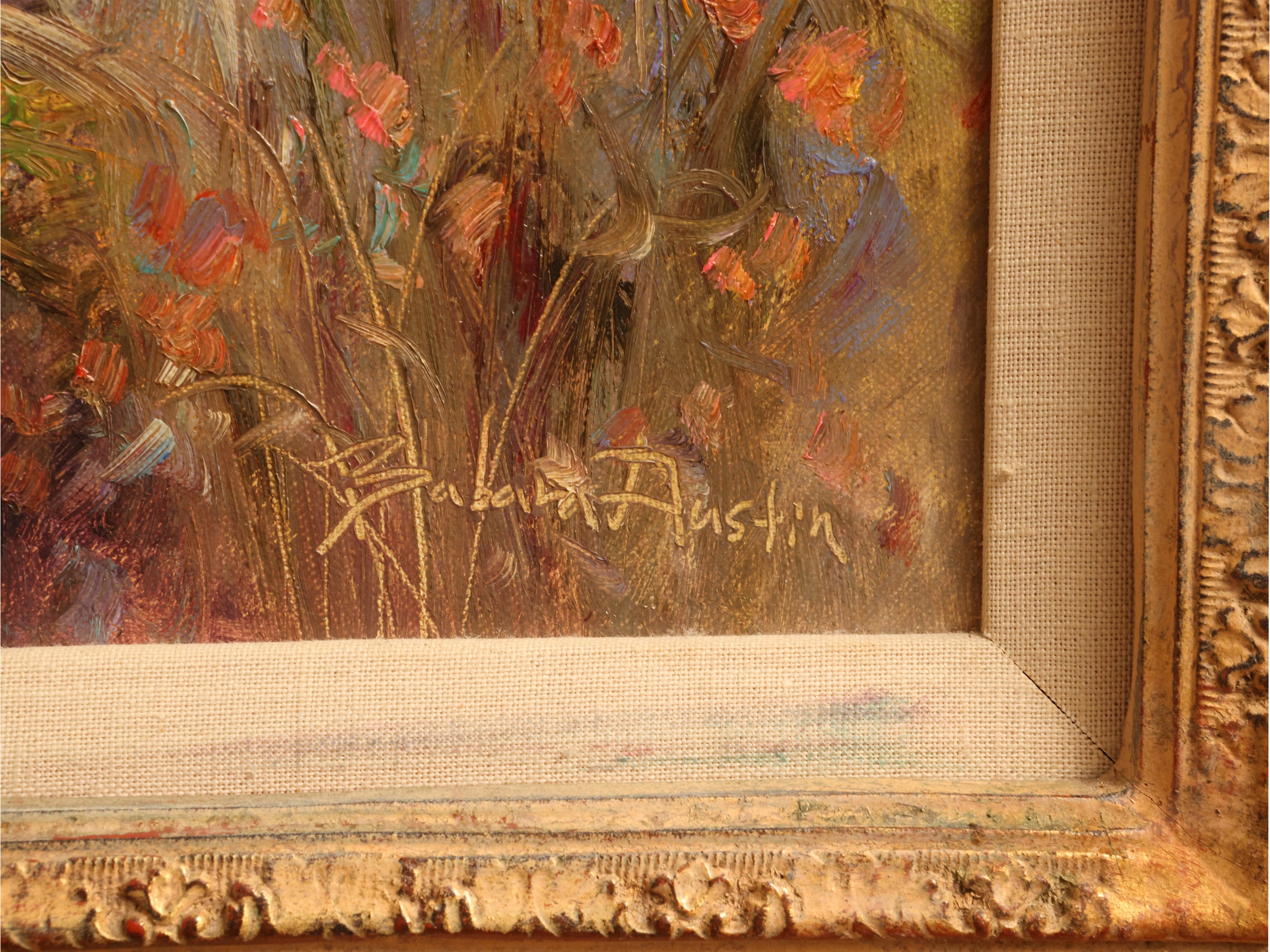Barbara Austin, Paesaggio primaverile con fanciulla, olio su tela firmato