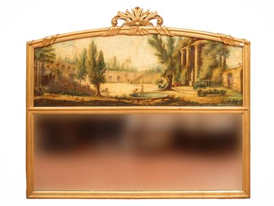 Specchiera in legno dorato e intagliato con dipinto a olio su tela, XIX secolo