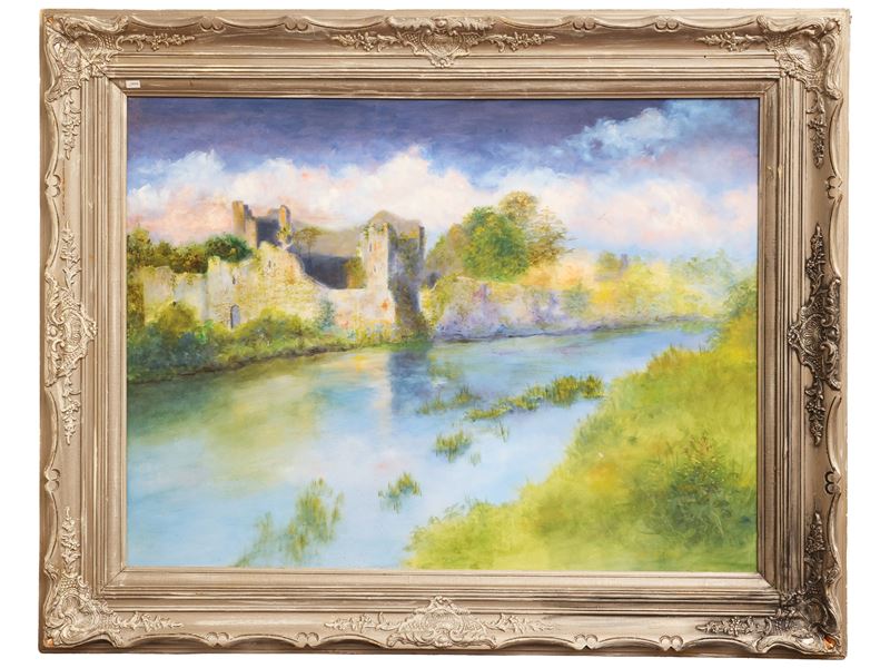 Paesaggio fluviale con veduta di castello, olio su tela (XX secolo)