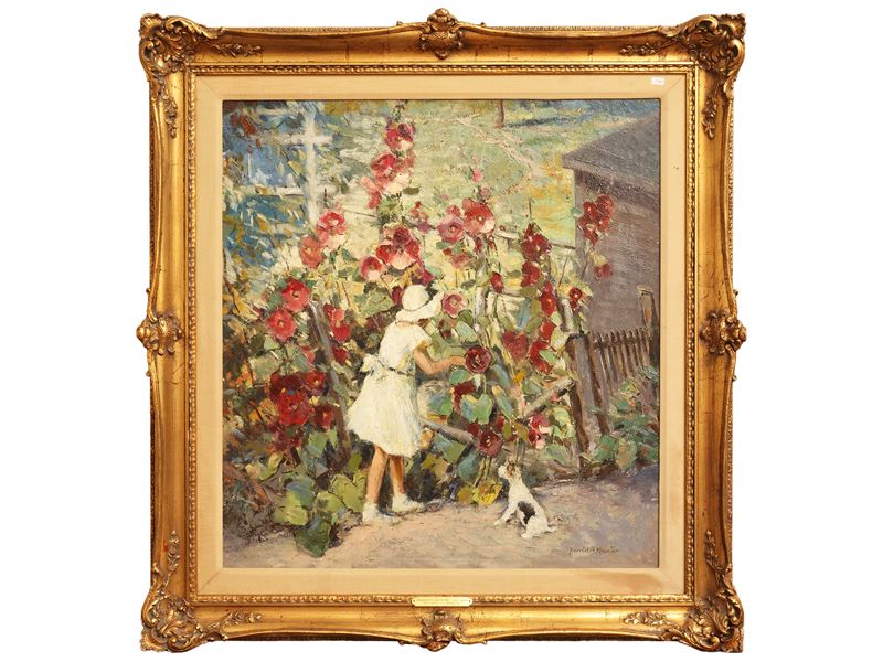 Harriet Krawiec - Scorcio di giardino con bambina e cagnolino