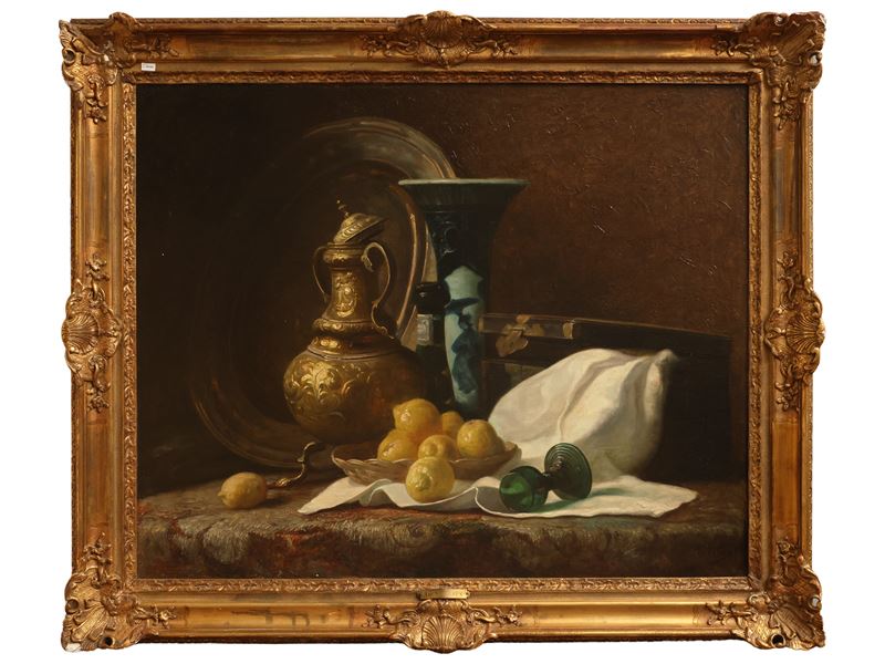 Scuola Francese del XIX Secolo - Natura morta con vasi e limoni, olio su tela