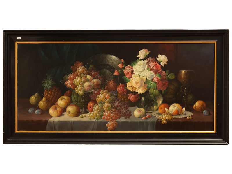 Rudolf Stoitzner - Trionfo di fiori e frutta, olio su tela firmato
