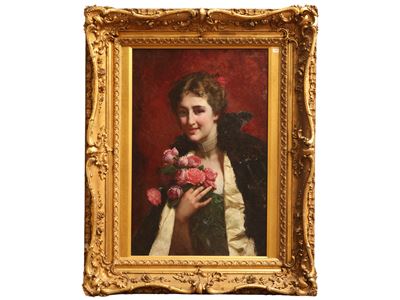 Ritratto di figura femminile con mazzo di rose