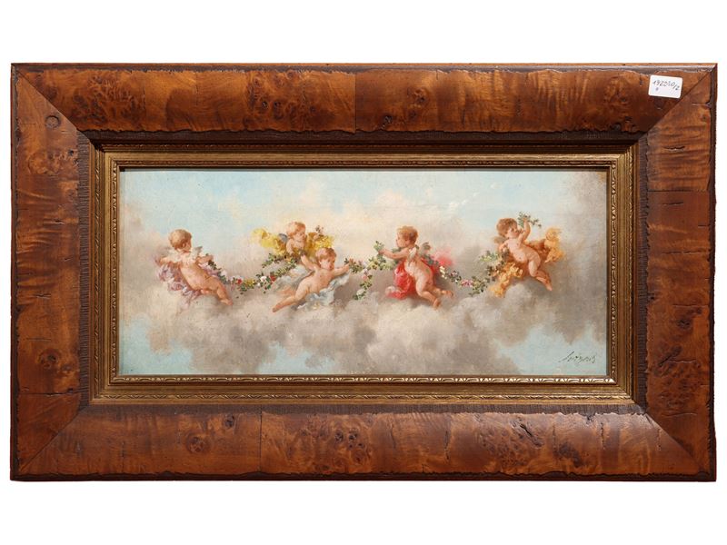 Lutyens, Amorini con festoni floreali (coppia) dipinti a olio su tela in cornice