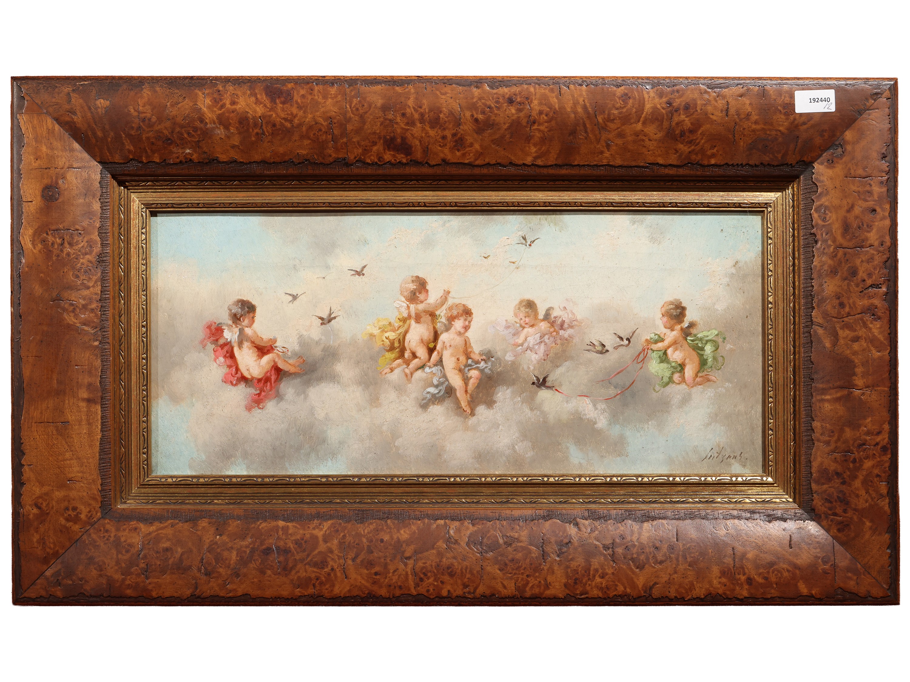 Lutyens, Amorini con festoni floreali (coppia) dipinti a olio su tela in cornice