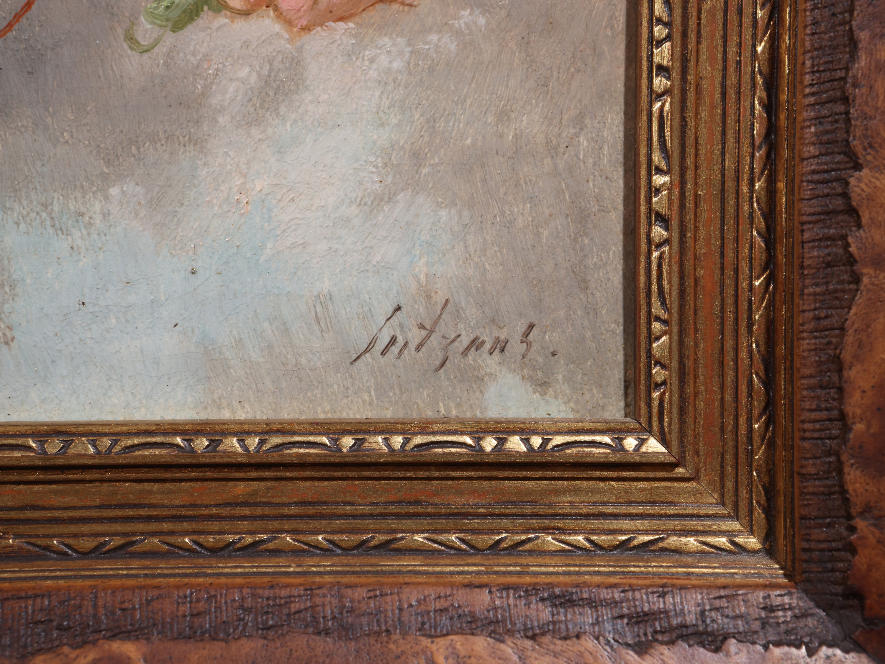 Lutyens, Amorini con festoni floreali (coppia) dipinti a olio su tela in cornice