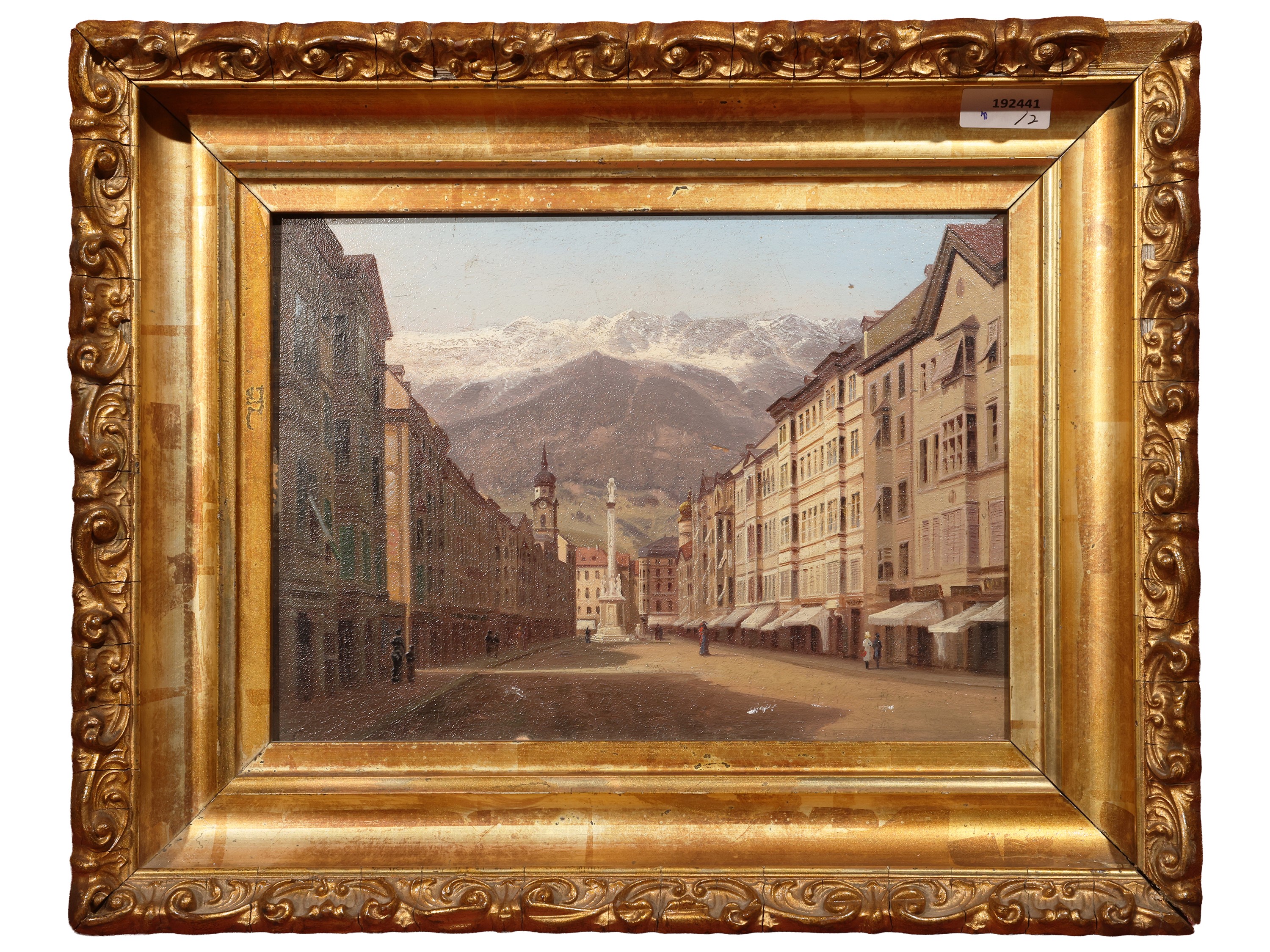 Veduta di Innsbruck (Maternità), olio su tavoletta, siglato e in cornice
