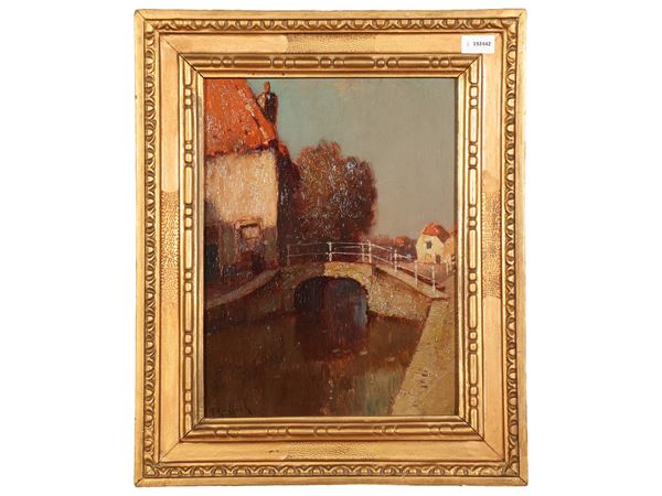 Scuola nord-europea del XIX/XX secolo : Glimpse of a Flemish town with bridge  - Auction Renew in Style - Maison Bibelot - Casa d'Aste Firenze - Milano