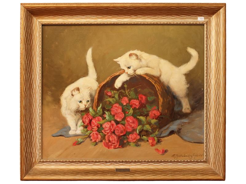 Gabriella Rainer Istvanffy - Gatti che giocano con dei fiori, olio su tela firmato