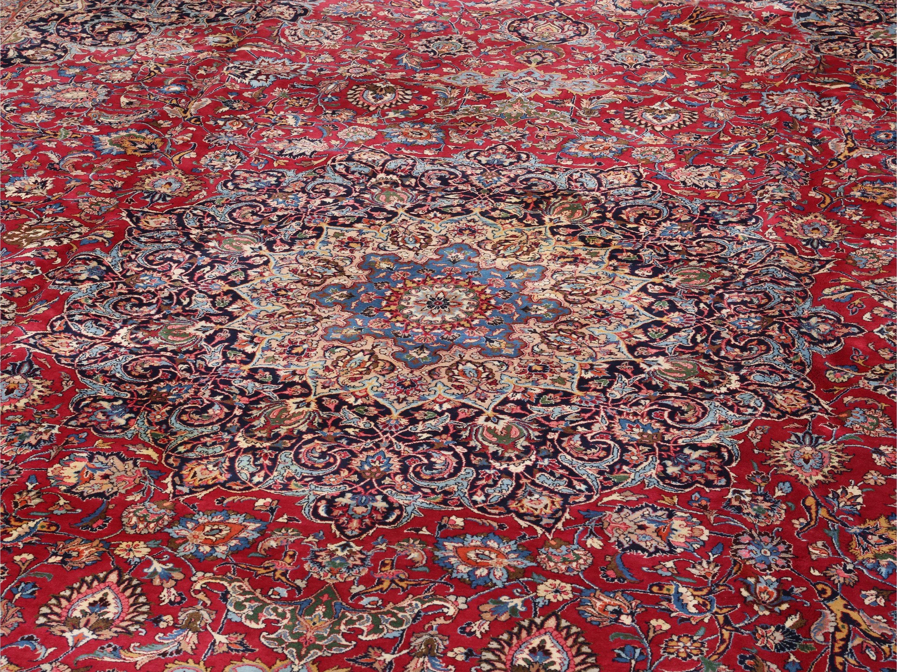 Tappeto persiano Mashad, grande formato con medaglione centrale e bordura blu