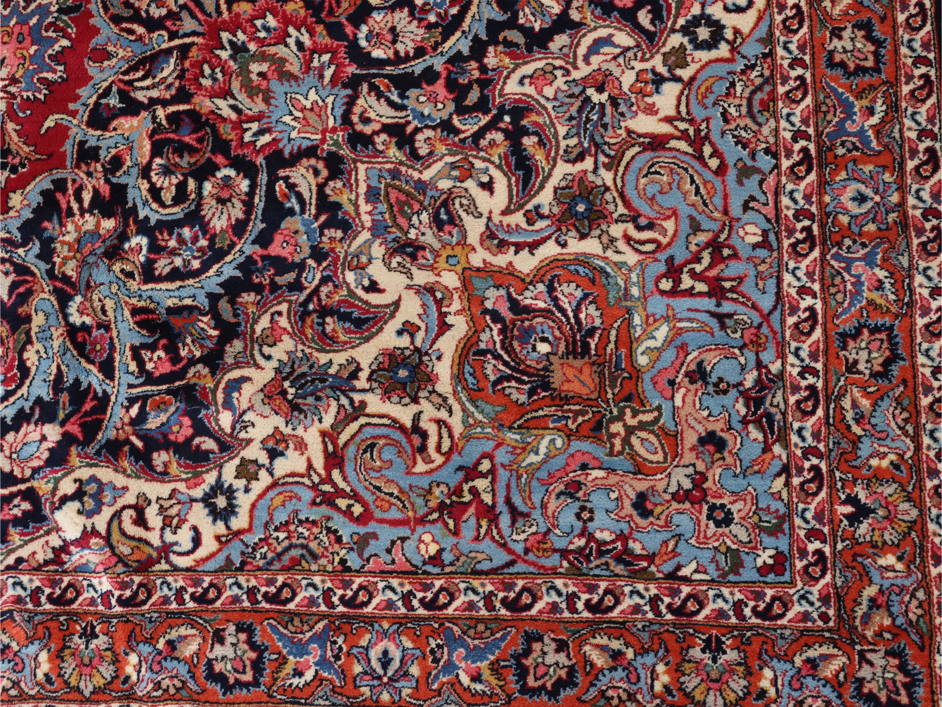 Tappeto persiano Mashad, grande formato con medaglione centrale e bordura blu
