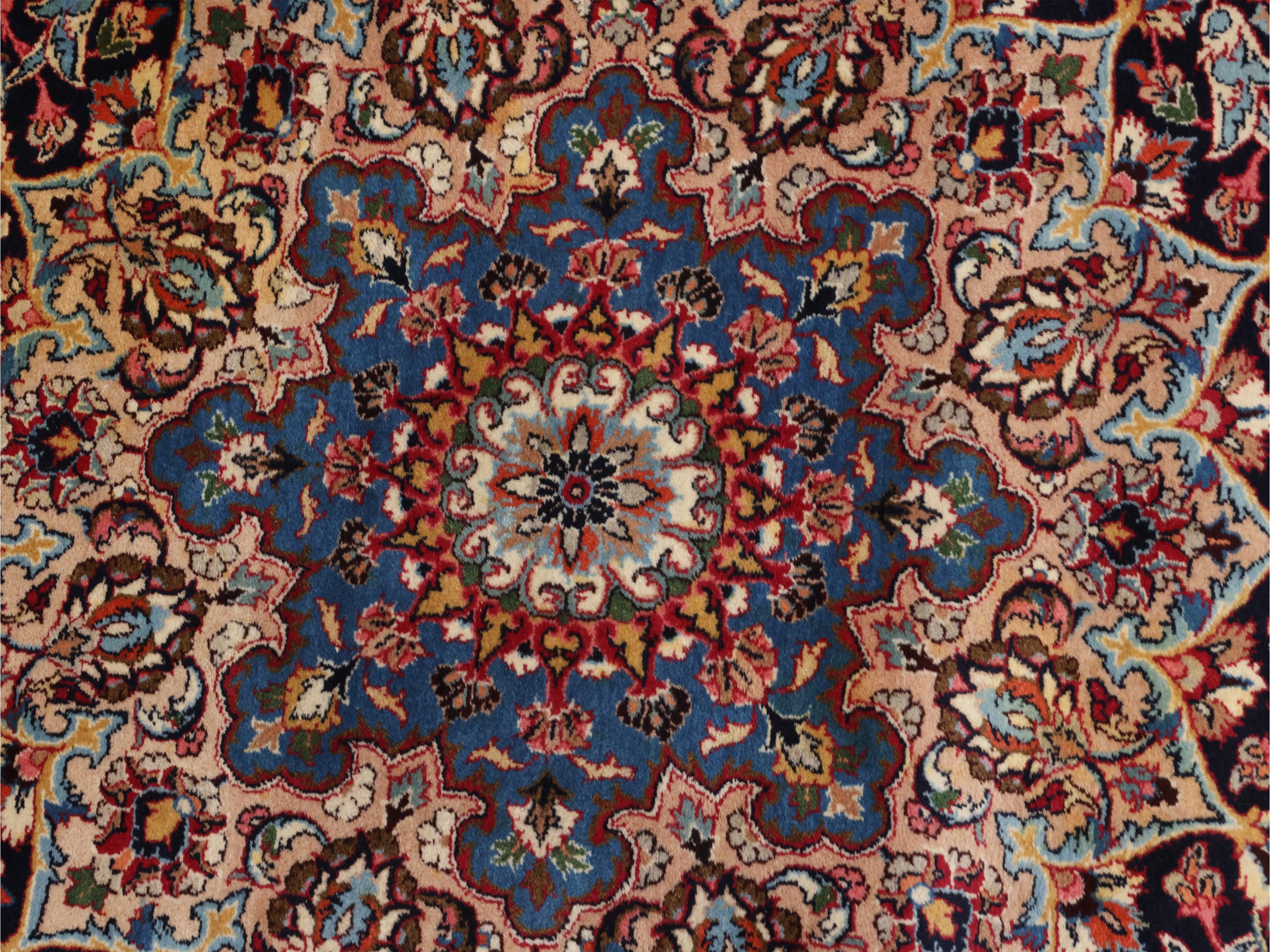Tappeto persiano Mashad, grande formato con medaglione centrale e bordura blu