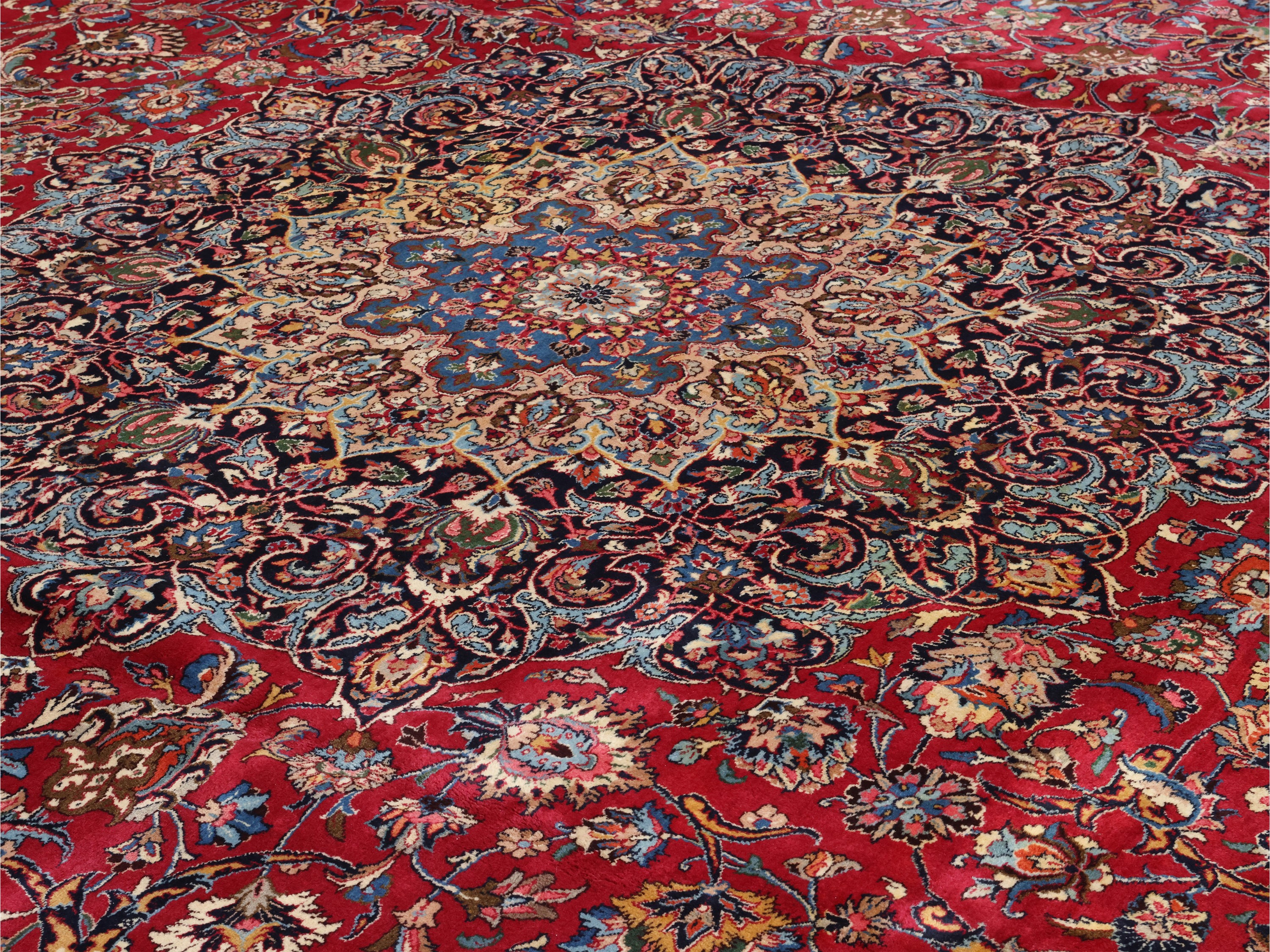 Tappeto persiano Mashad, grande formato con medaglione centrale e bordura blu