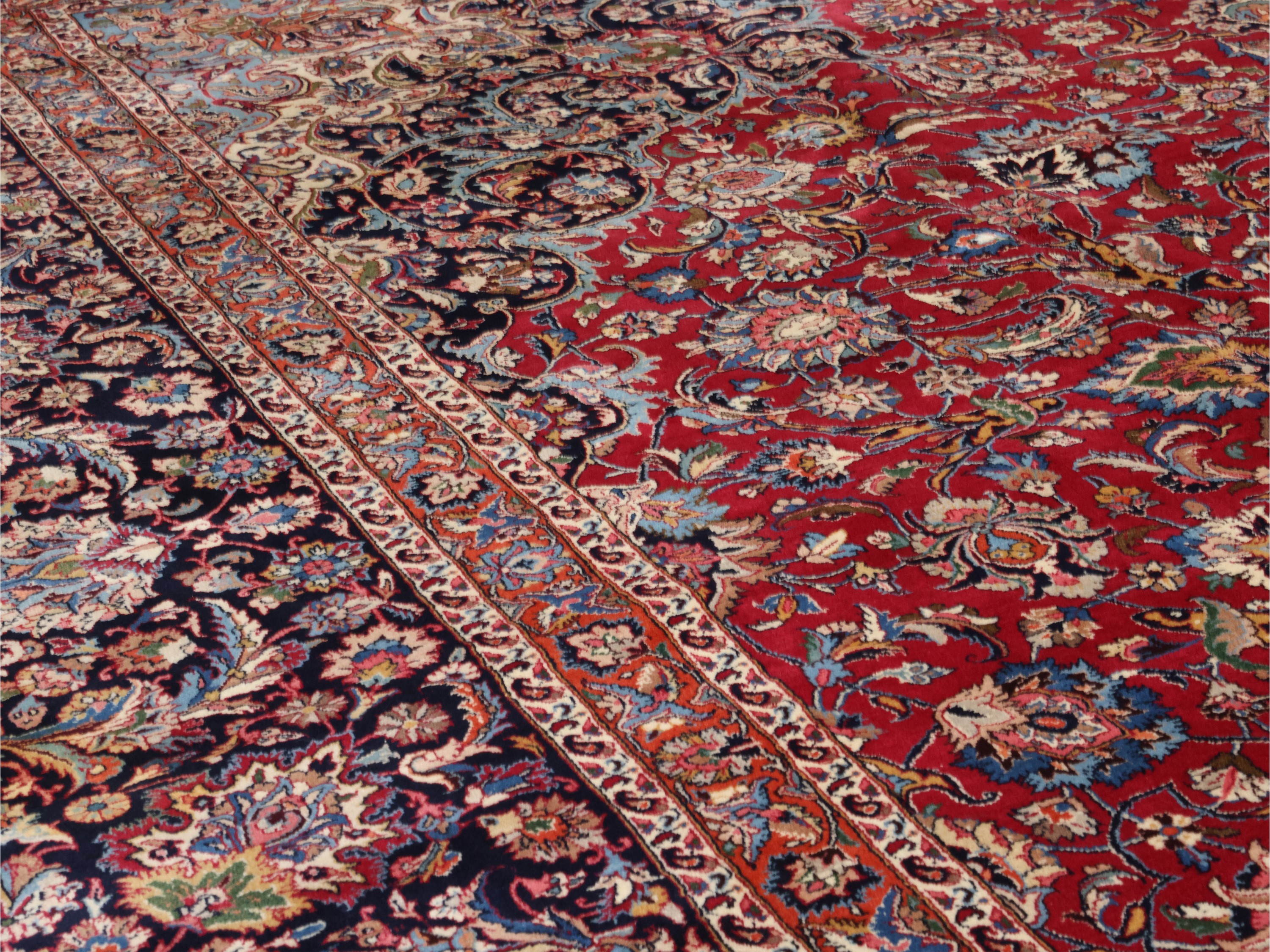Tappeto persiano Mashad, grande formato con medaglione centrale e bordura blu