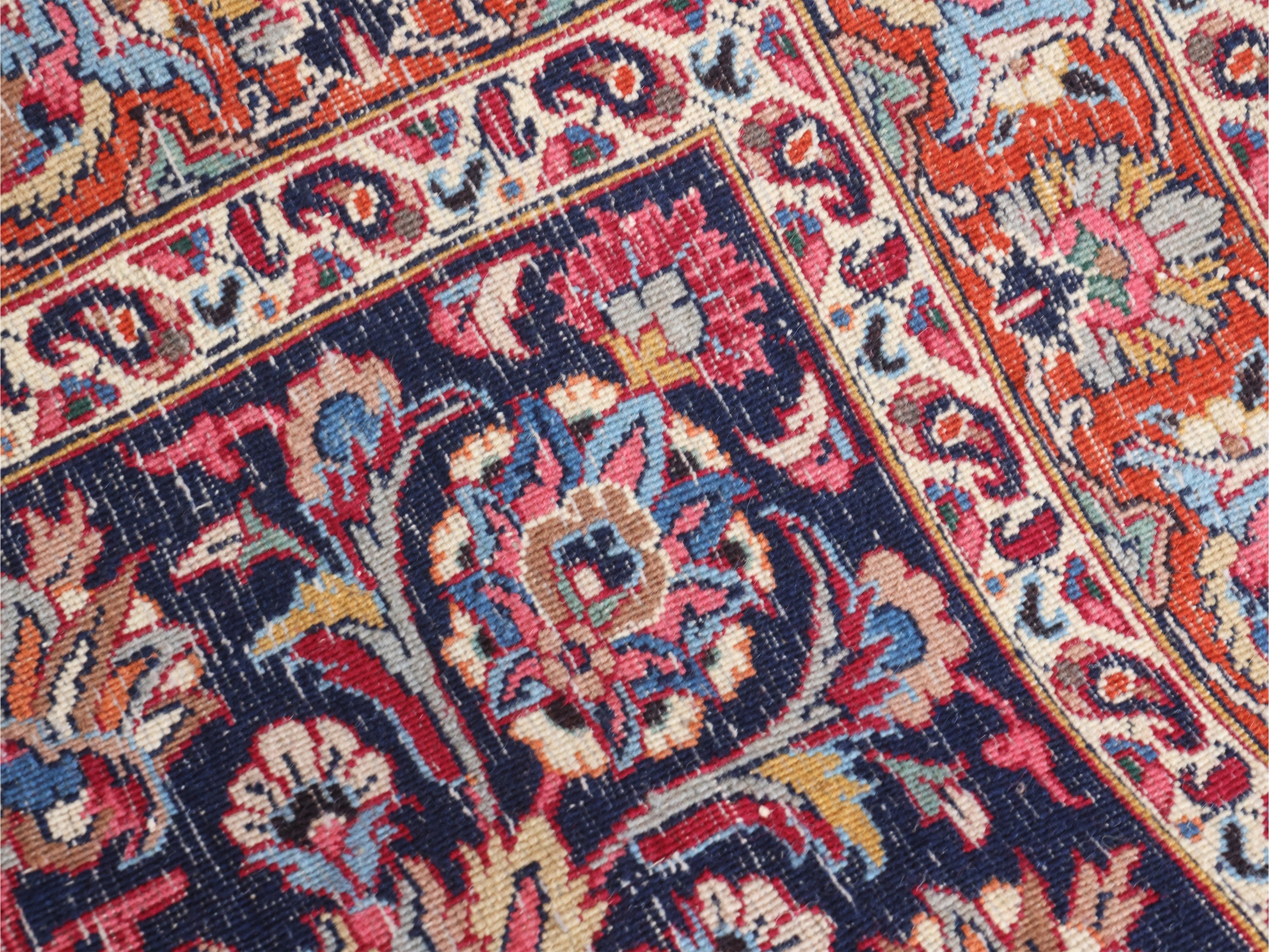 Tappeto persiano Mashad, grande formato con medaglione centrale e bordura blu