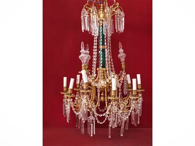 Lampadario a paniere, bronzo dorato e cristallo molato