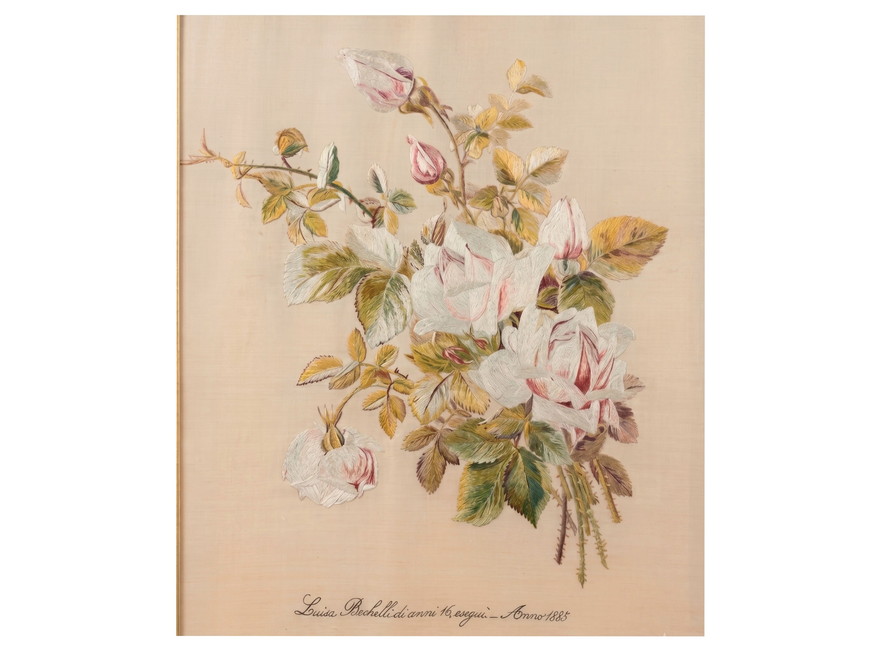 Ricamo d’epoca, punto pieno con bouquet floreale, seconda metà del XIX secolo
