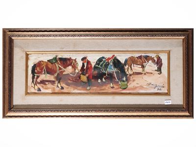 Cavalli e figure (1972), olio su tavoletta