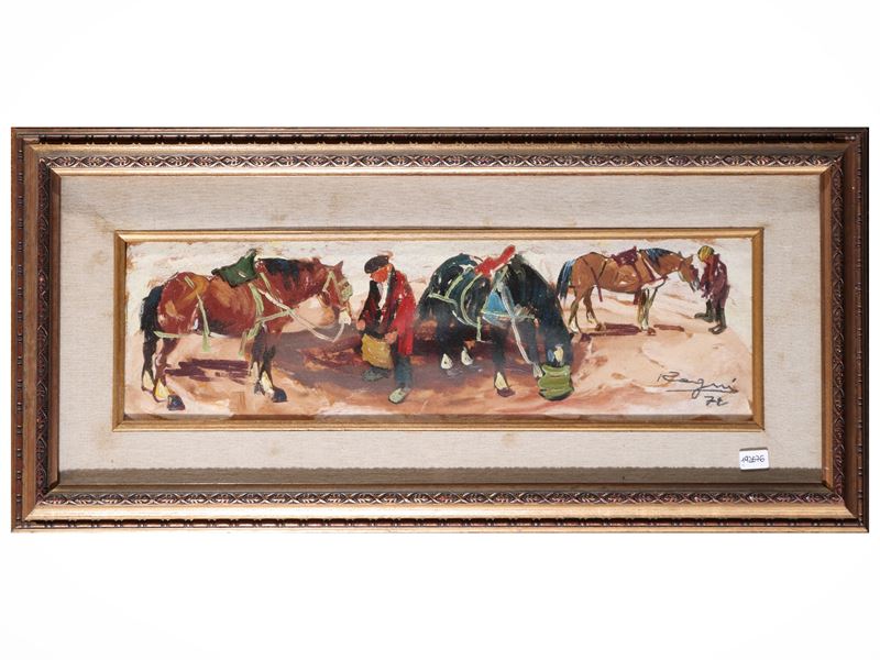 Basso Ragni - Cavalli e figure (1972), olio su tavoletta