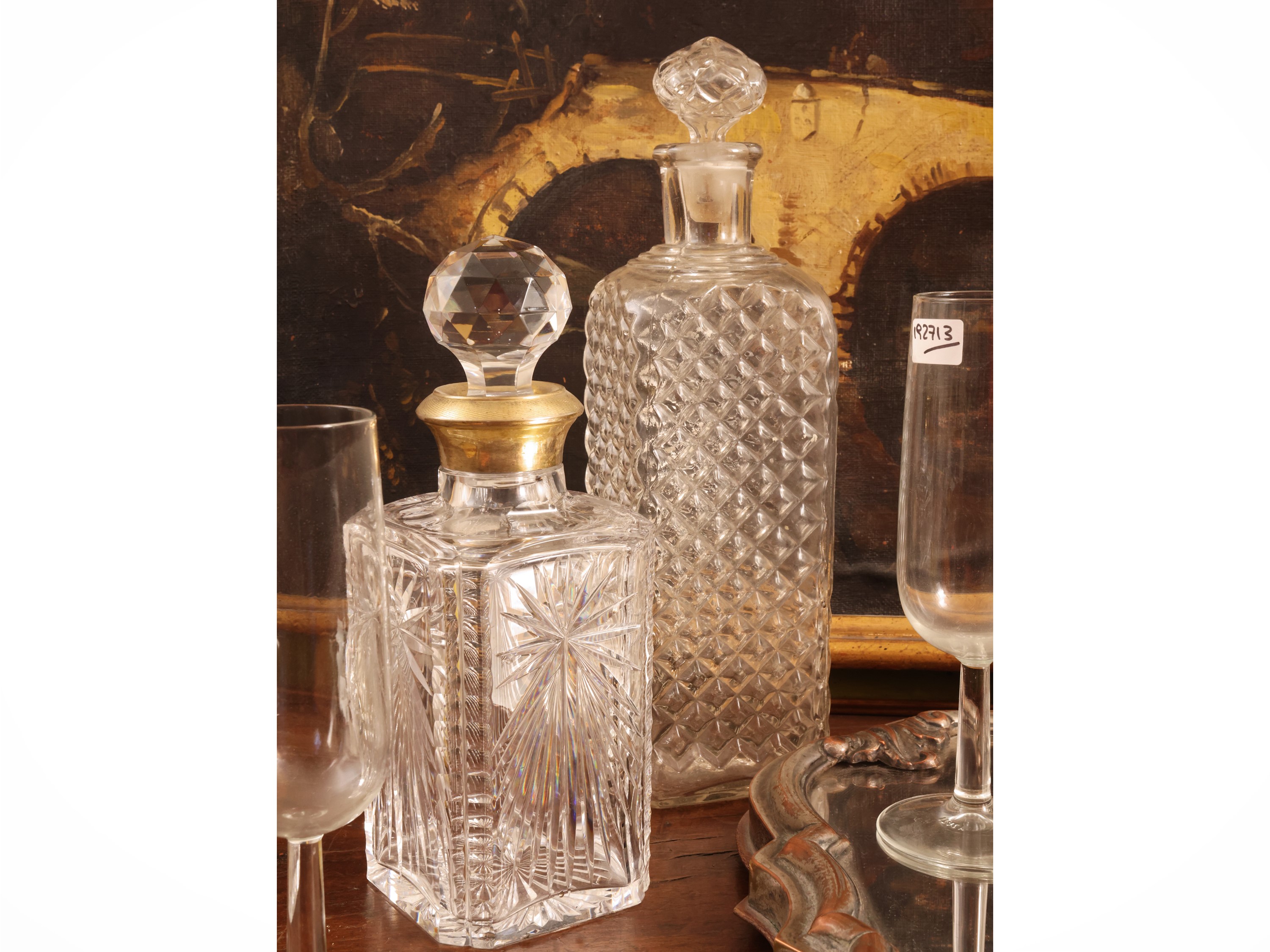 Set da aperitivo, vassoio a specchio sagomato con 12 flûtes e accessori in cristallo molato