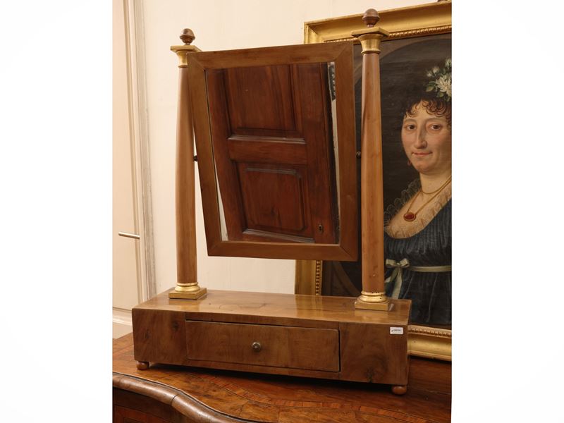 Specchiera a psiche da toilette, specchio orientabile in legno di ciliegio (prima metà del XIX se...