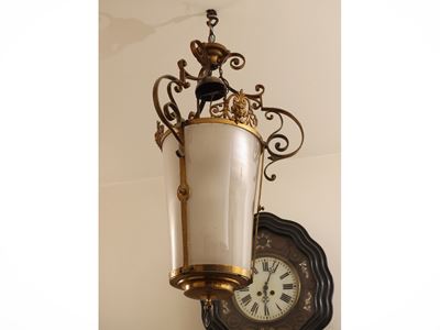 Lampadario a lanterna in ottone, cilindrico, inizio XX secolo