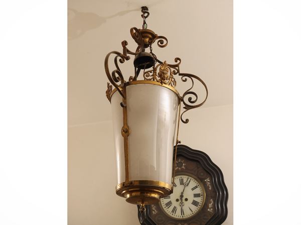 Brass lantern-style chandelier