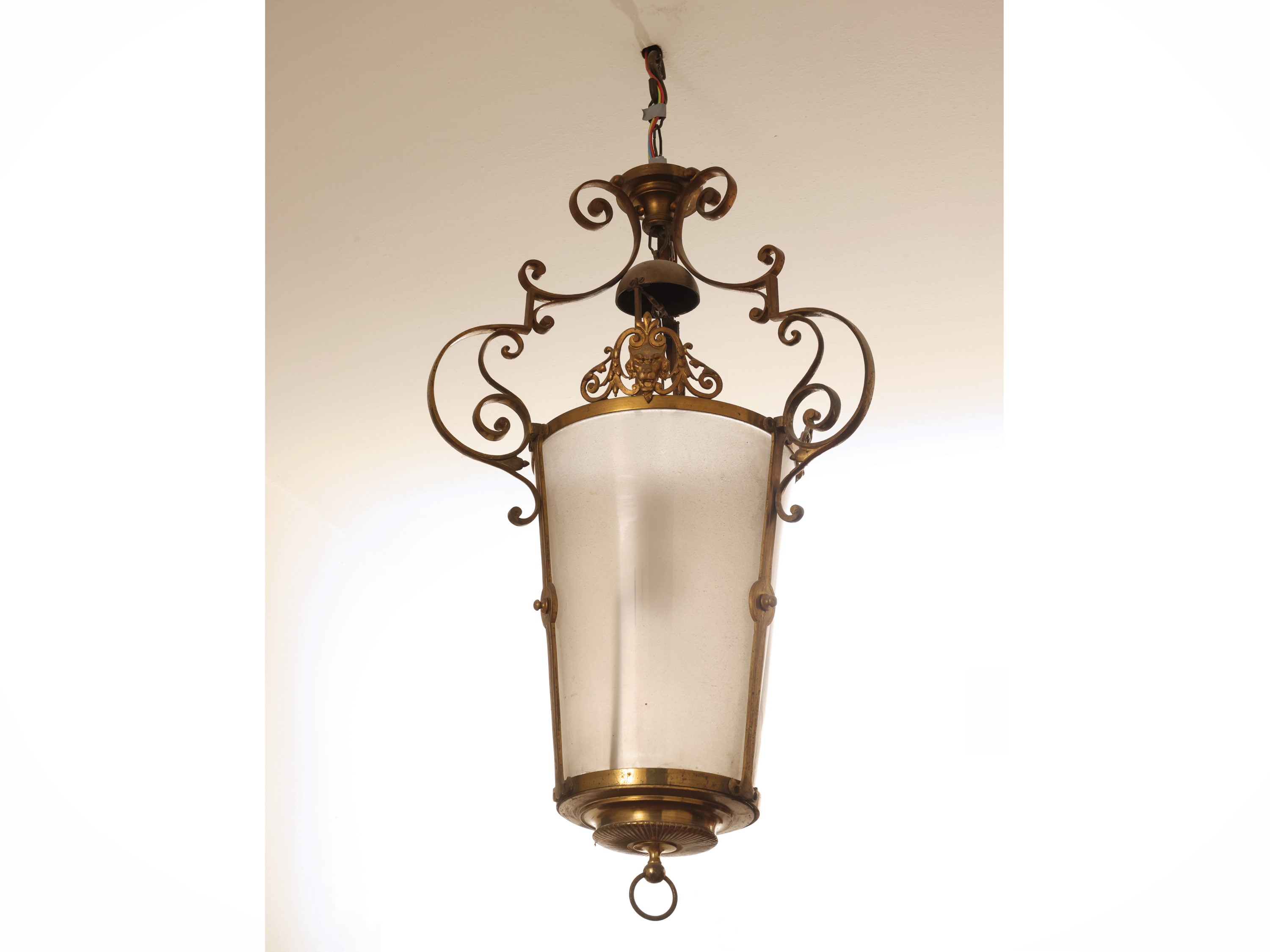 Lampadario a lanterna in ottone, cilindrico, inizio XX secolo