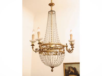Lampadario a paniere, bronzo dorato e vetro, sei bracci portacandele (inizio XX secolo)