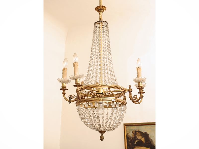 Lampadario a paniere, bronzo dorato e vetro, sei bracci portacandele (inizio XX secolo)