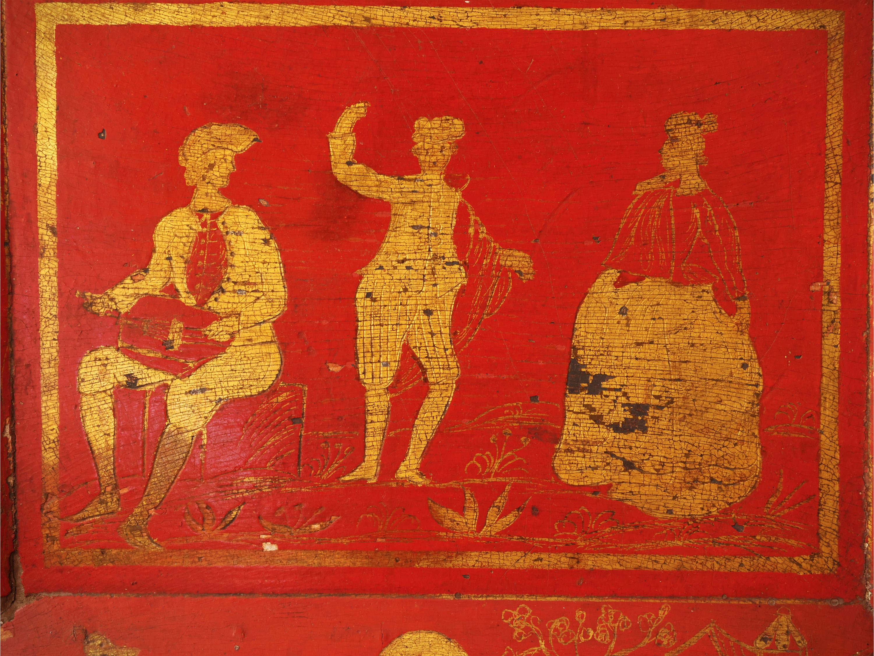 Veneto, XVIII secolo, Vassoio in lacca rossa con decorazione in oro e scene figurate