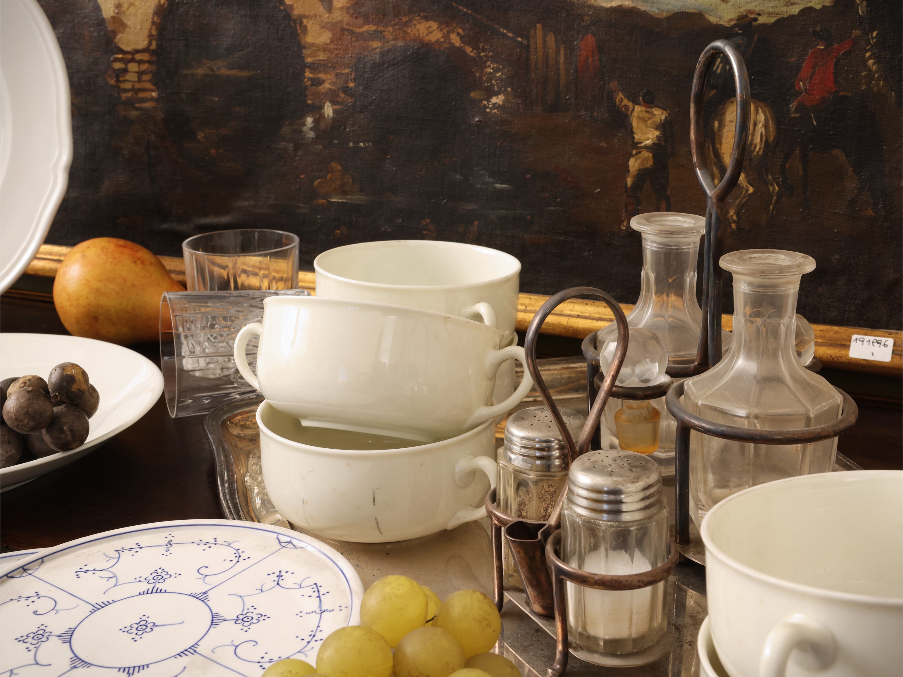 Set da tavola con vassoio ovale, porcellana Richard Ginori e servizio in cristallo molato